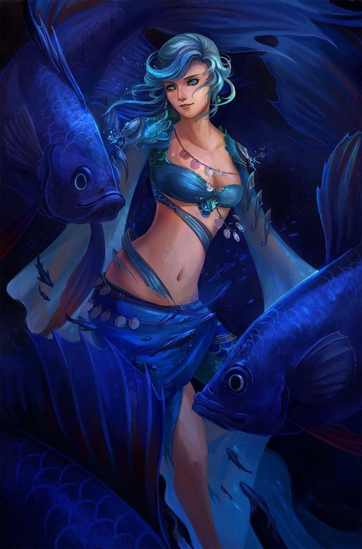 femme et poisson bleu