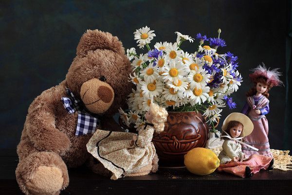 joli bouquet de fleurs et nounours